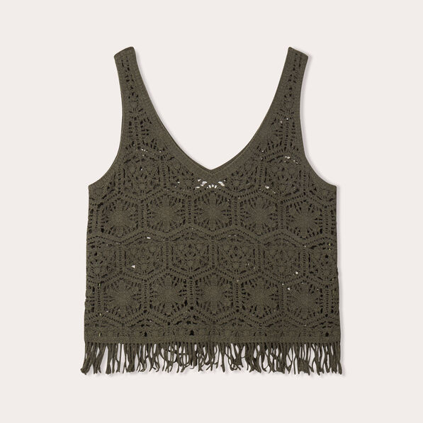 Débardeur macramé franges vert foncé femme