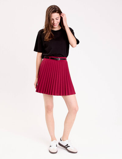 Jupe &eacute;vas&eacute;e pliss&eacute;e ceintur&eacute;e rouge fonc&eacute; femme