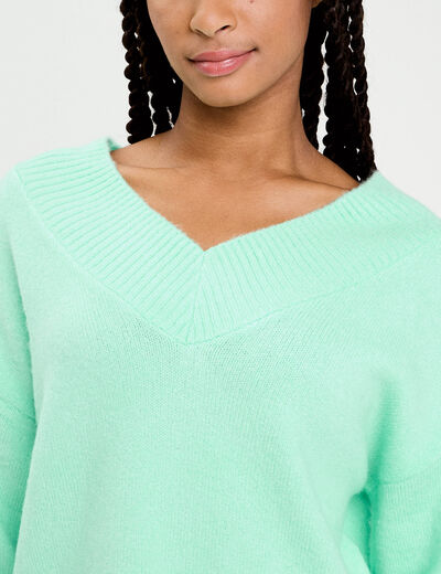 Pull oversize col v manches longues vert menthe femme