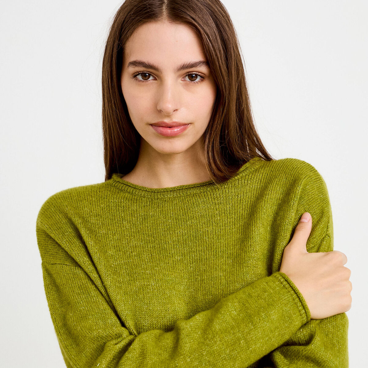 Pull manches longues vert fonc&eacute; femme