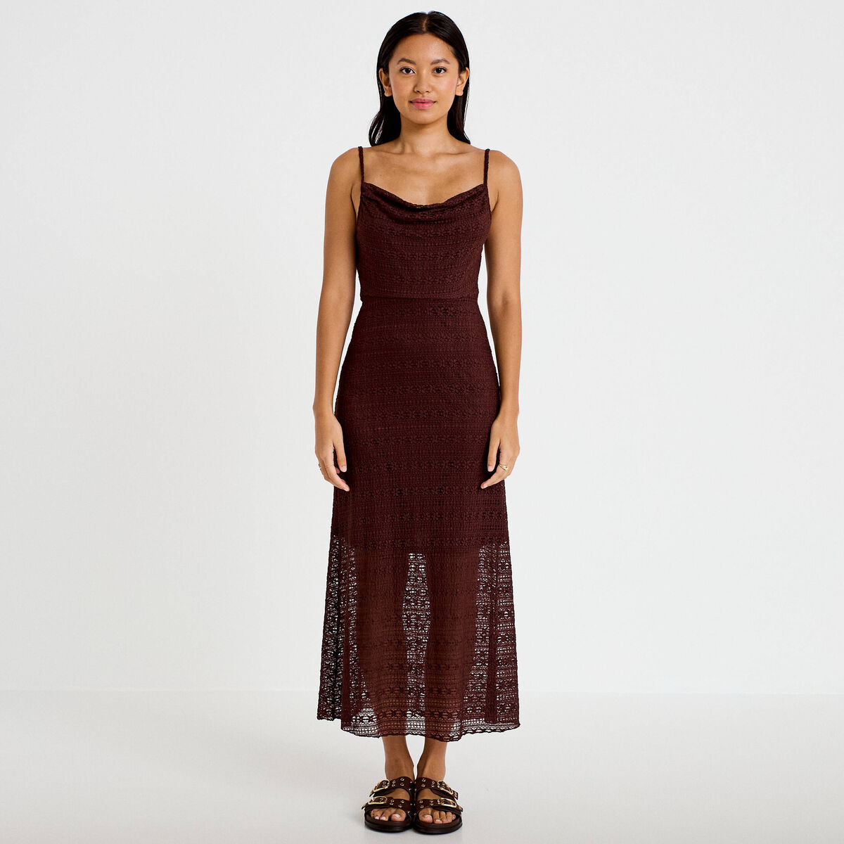 Robe longue droite col b&eacute;nitier dentelle marron femme