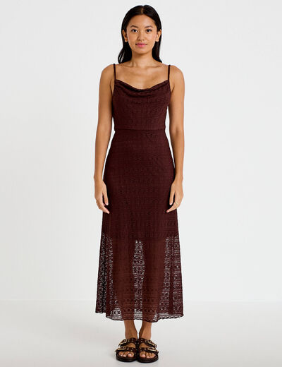 Robe longue droite col b&eacute;nitier dentelle marron femme