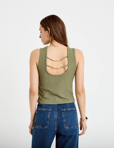 Top pliss&eacute; col rond manches courtes vert kaki femme
