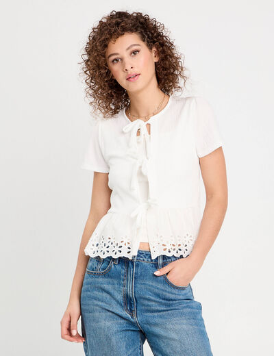 Blouse nouée détails brodés ecru femme