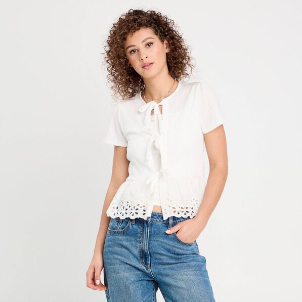 blouse nouee details brodes ecru femme Blouse nouée détails brodés ecru femme