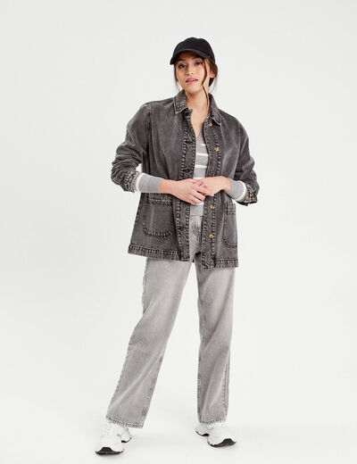 Jeans wide leg taille haute denim gris femme
