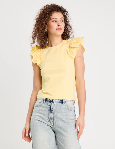 T-shirt manches volants jaune clair femme