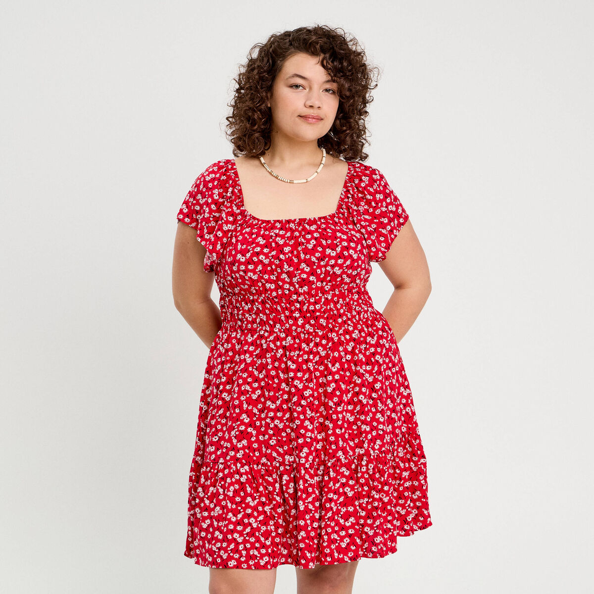 Robe évasée manches courtes rouge femme