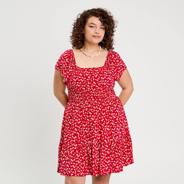 Robe évasée manches courtes rouge femme