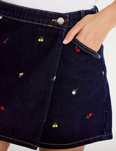 Jupe-short trap&egrave;ze en jean bleu marine femme