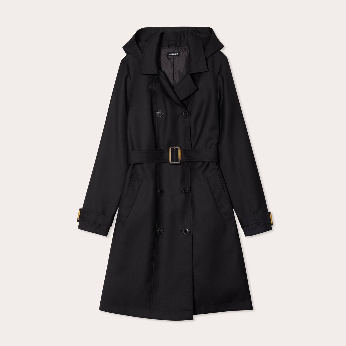 Manteau mi-long à capuche noir femme