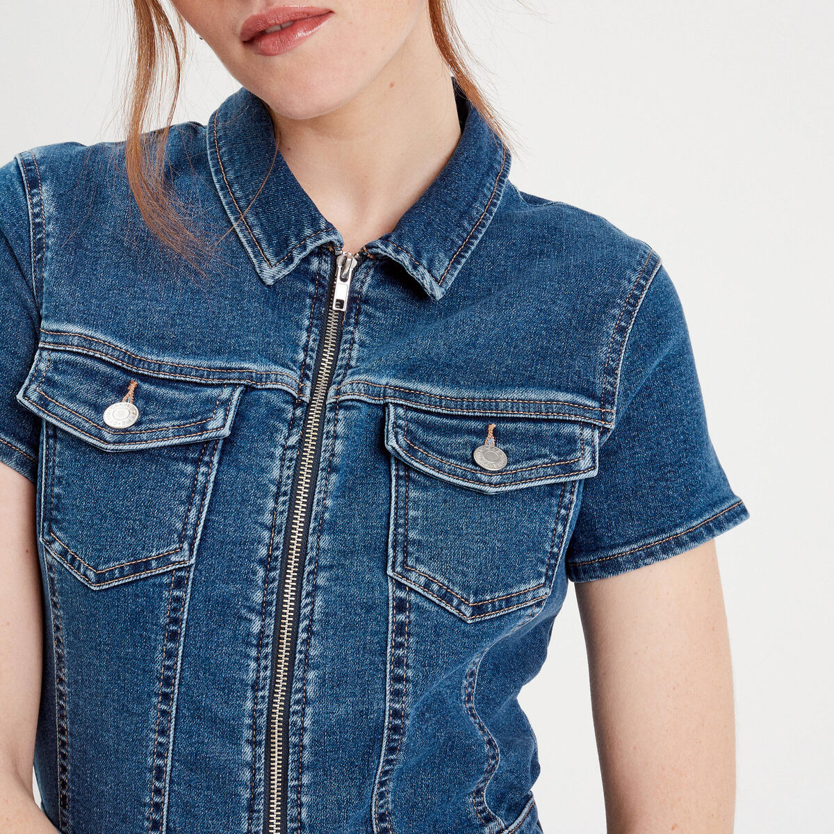 Combishort zippée en jean denim double stone femme