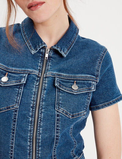 Combishort zippée en jean denim double stone femme