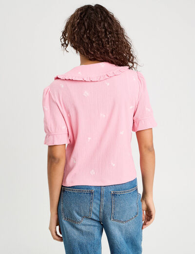 Blouse nouée brodée rose poudrée femme