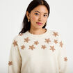 Pull oversize brod&eacute; manches longues ecru femme