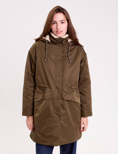Parka droite mi-longue &agrave; capuche vert kaki femme
