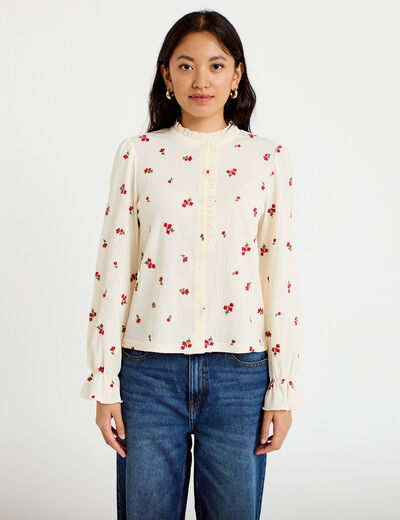 Chemise droite broderie manches longues ecru femme