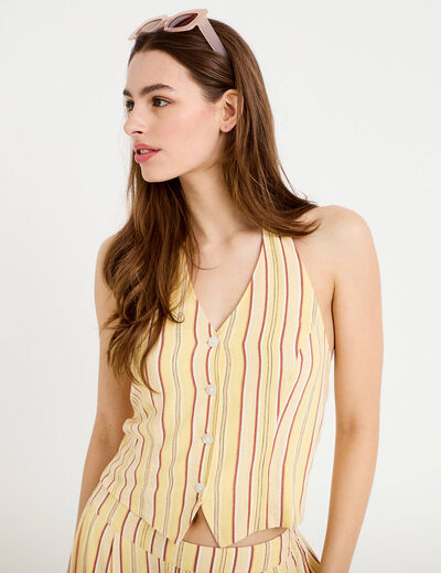 Gilet cintr&eacute; cropped col v sans manches jaune paille femme