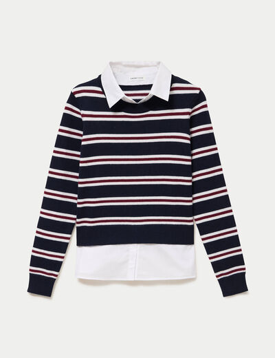 Pull 2-en-1 chemise bleu marine femme