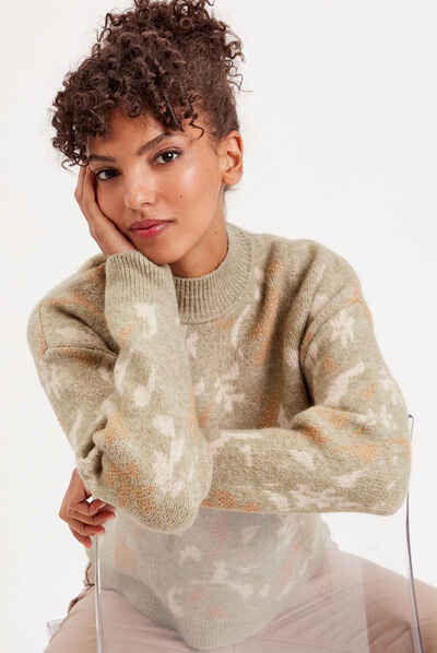 Pull avec col montant vert kaki femme