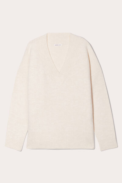 Pull manches longues col en V ivoire femme