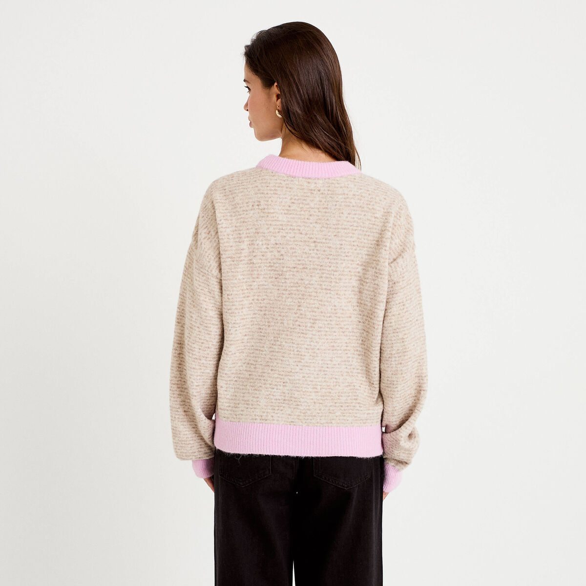 Pull ample col rond manches longues marron femme