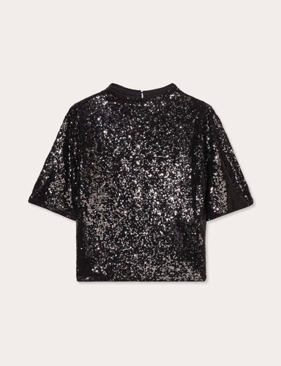 T-shirt sequins col montant noir femme