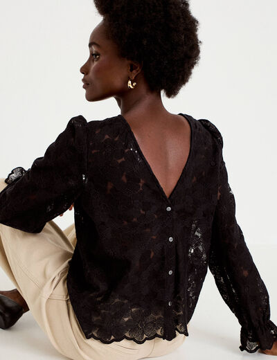 Blouse droite col v en dentelle noir femme