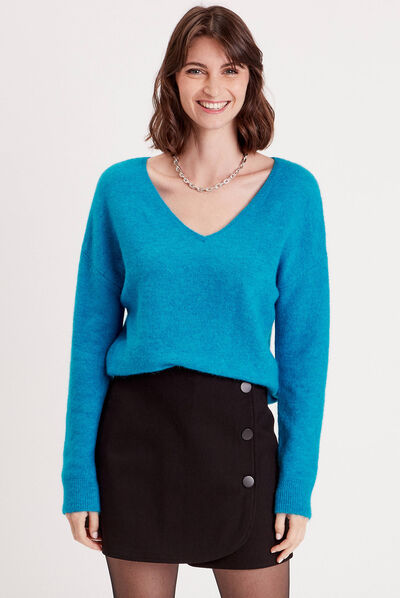 Pull avec col en V bleu femme