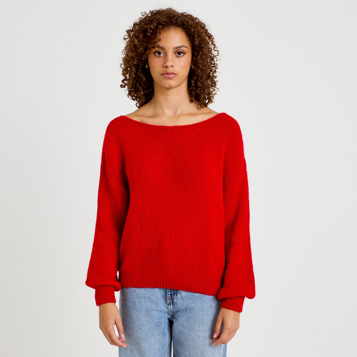 Pull ample col bateau manches longues rouge femme