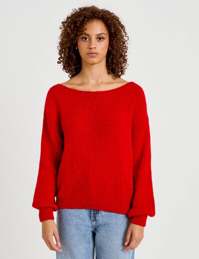 Pull ample col bateau manches longues rouge femme