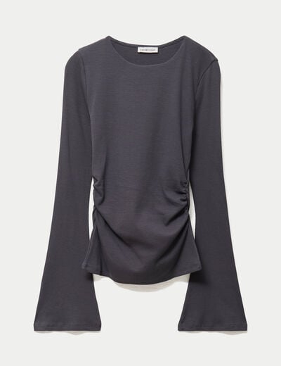 T-shirt ajust&eacute; col rond manches longues gris fonc&eacute; femme