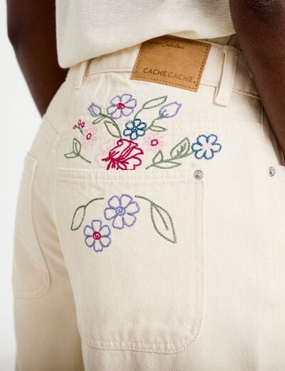 Jeans barrel broderie taille basse ecru femme