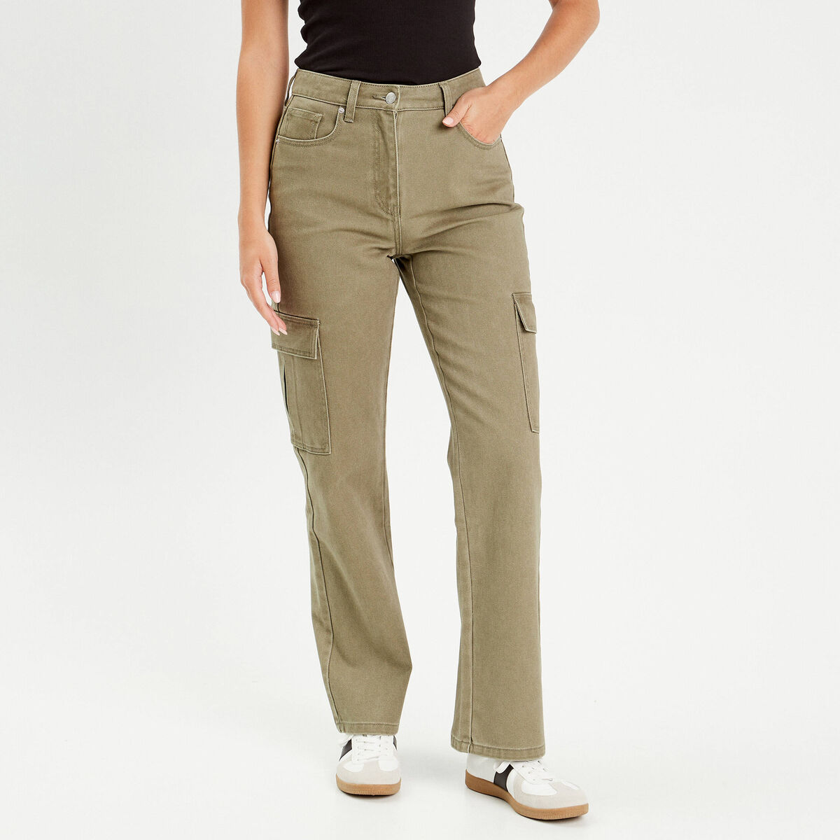 Pantalon large poches cargo vert kaki femme