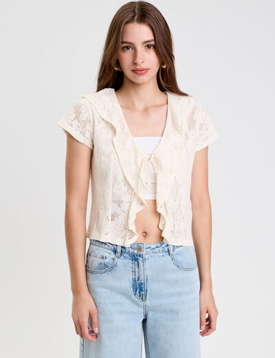 Blouse ajourée décolleté manches courtes ecru femme