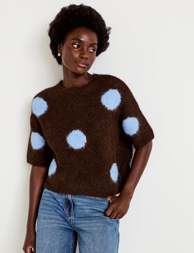 Pull col rond manches courtes marron fonc&eacute; femme