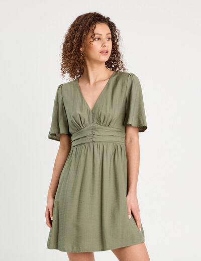 Robe évasée avec fronces vert kaki femme