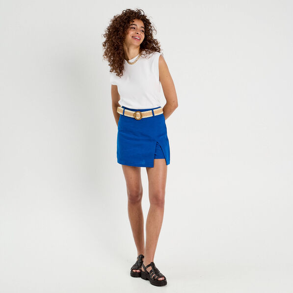 jupe short ceinturee contenant du lin bleu electrique femme Jupe-short ceinturée contenant du lin bleu electrique femme