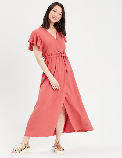 Robe longue évasée cache-coeur vieux rose femme