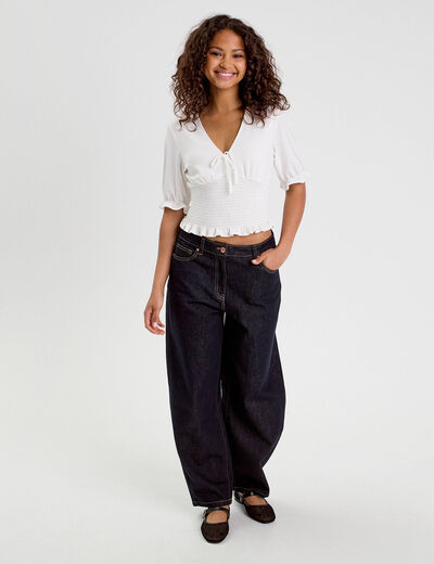 Blouse manches courtes smockée blanc femme