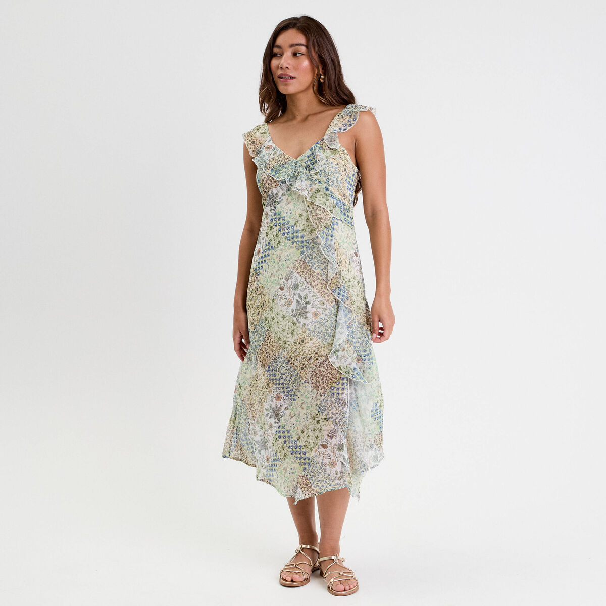 Robe longue évasée volants blanc femme
