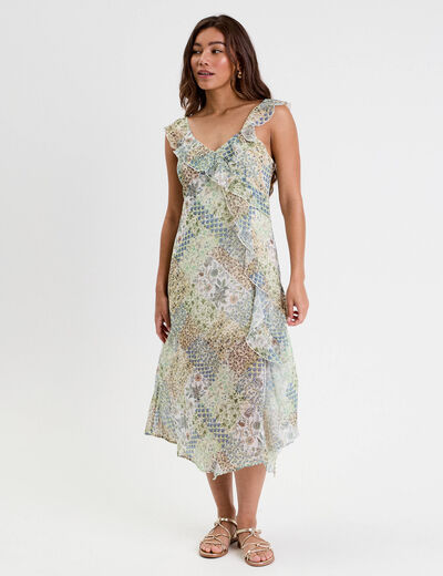 Robe longue évasée volants blanc femme