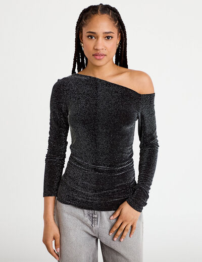 T-shirt asym&eacute;trique brillant noir femme
