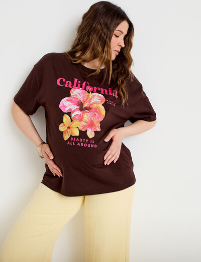 T-shirt col rond manches courtes marron femme