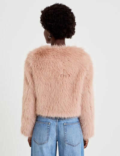 Veste droite fausse fourrure col rond rose poudr&eacute;e femme