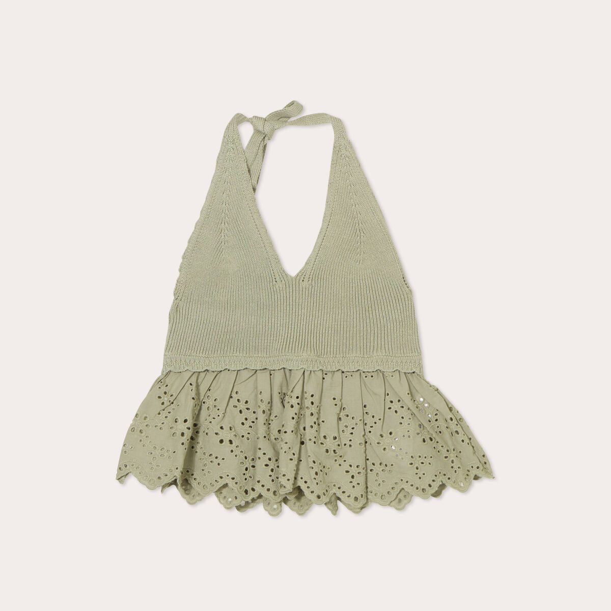 Crop top tricot avec broderie vert kaki femme