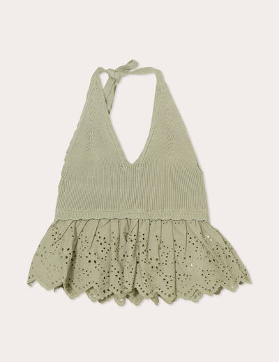 Crop top tricot avec broderie vert kaki femme
