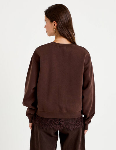 Sweat droit col rond d&eacute;tail dentelle marron fonc&eacute; femme