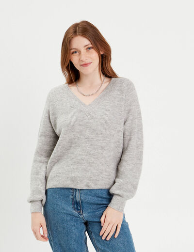 Pull avec col en V gris foncé femme