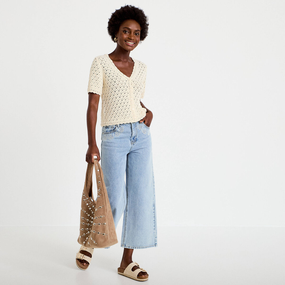 Jean wide leg cropped taille standard denim bleach femme
